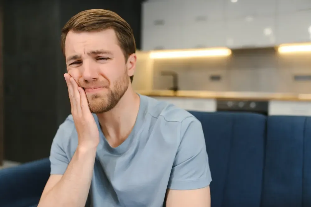 Dog chewing food with visible teeth