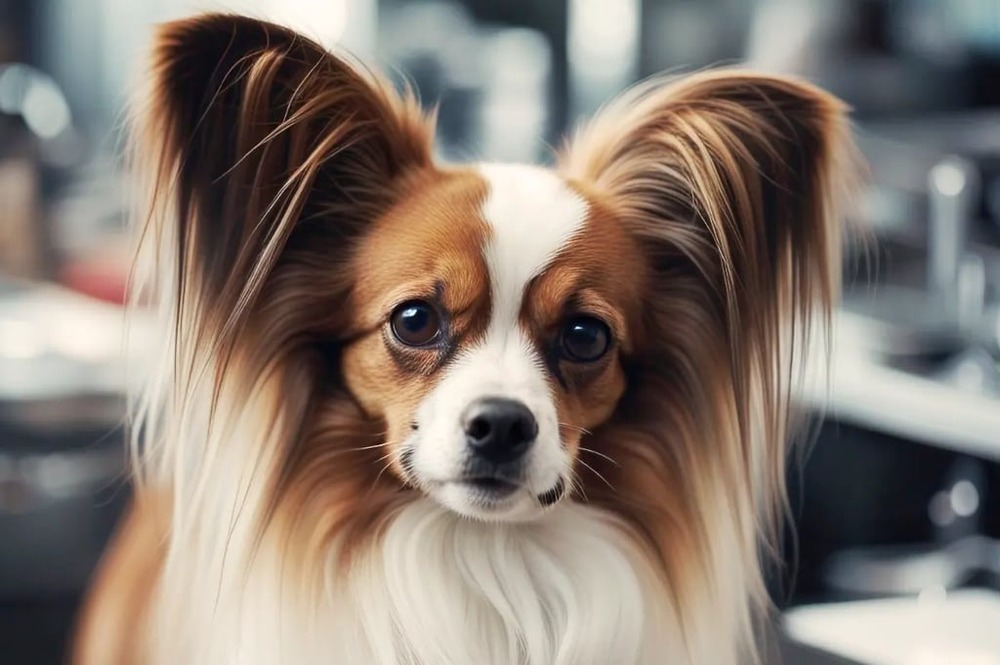 Papillon close-up showing butterfly-like ears