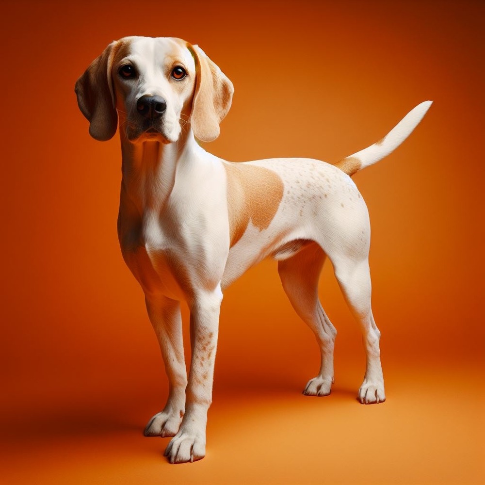 Close view of a wiry-coated hound with orange markings