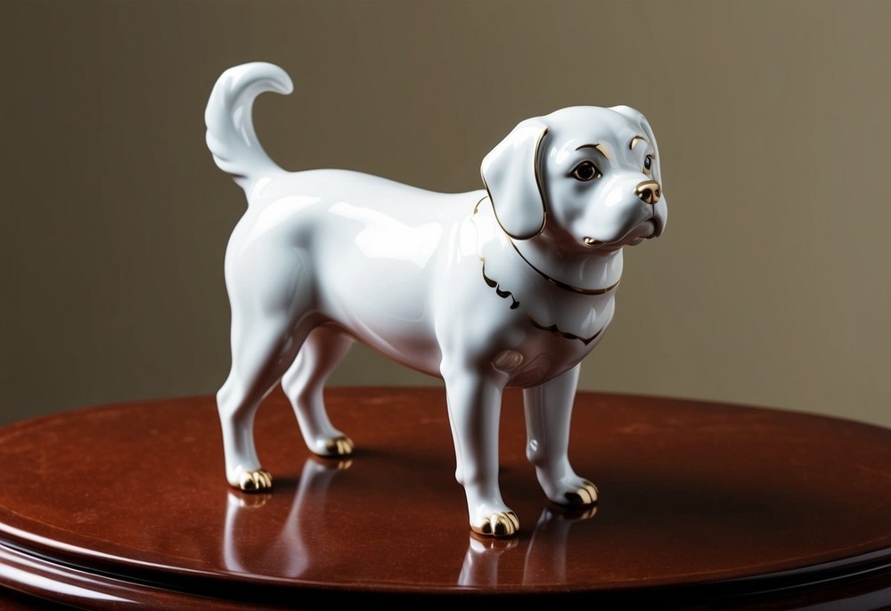 Porcelaine dog moving through grass with nose down