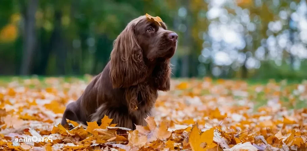 Sussex Spaniel sitting patiently near food bowl