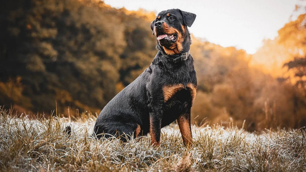 Rottweiler standing near a fence looking alert