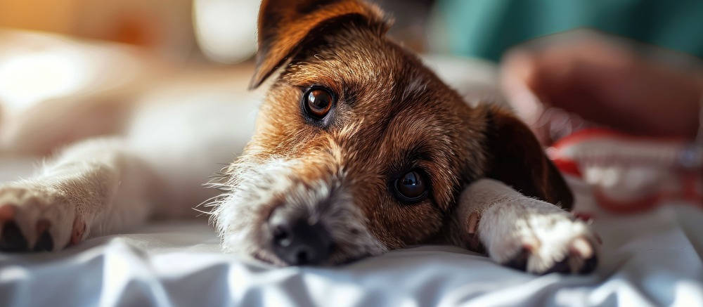 Veterinary examination of a dog on a clinic table