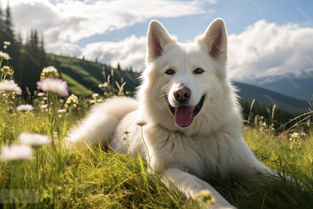 White Swiss Shepherd Dog sitting attentively on grass