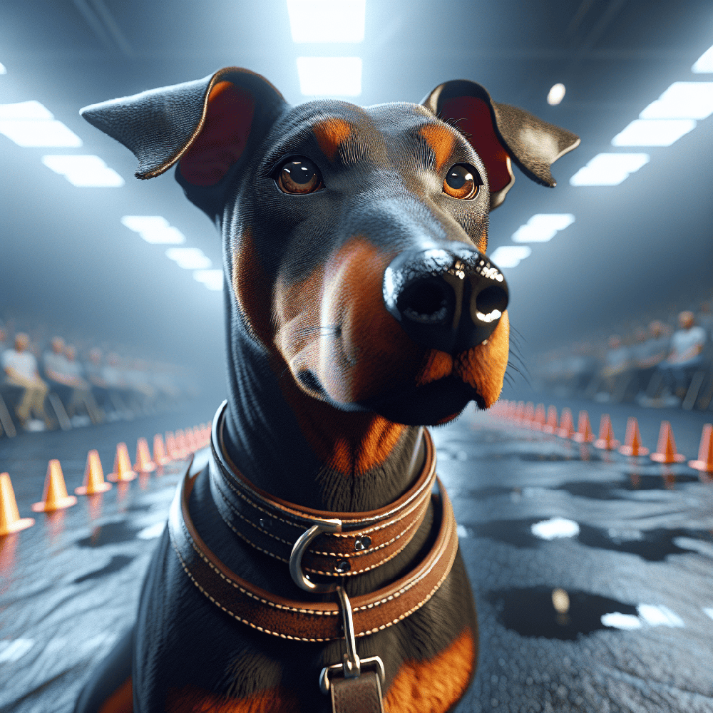 Austrian Pinscher walking beside an owner