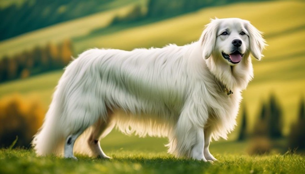 Large white dog resting with thick coat and sturdy frame