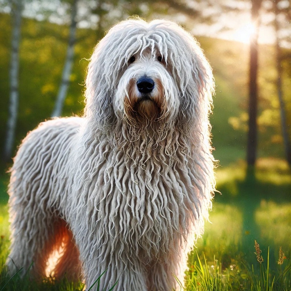 Komondor lying down with corded coat