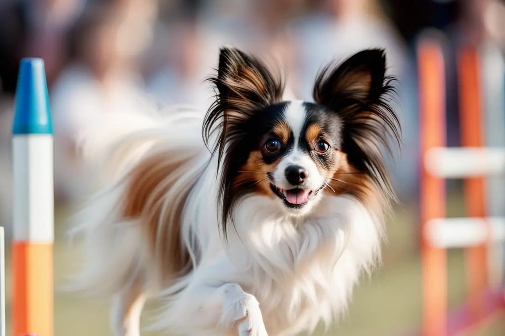 Papillon running on grass during play