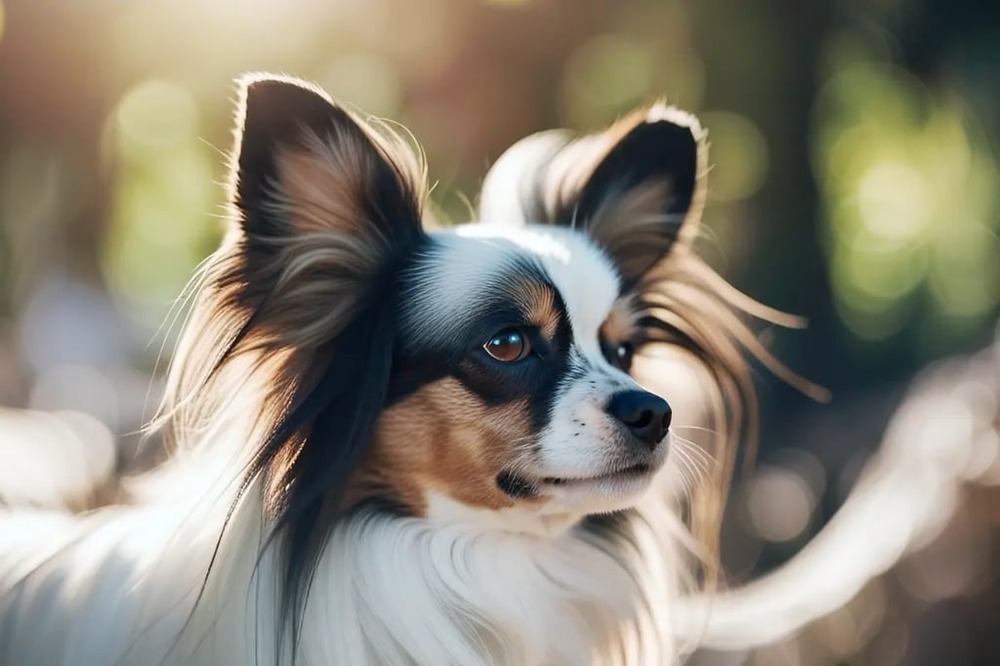 Papillon standing beside owner outdoors