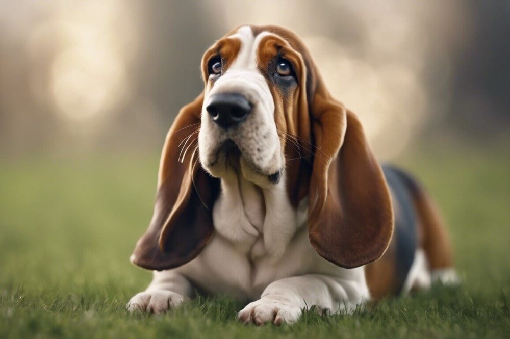 Basset Hound sitting and watching