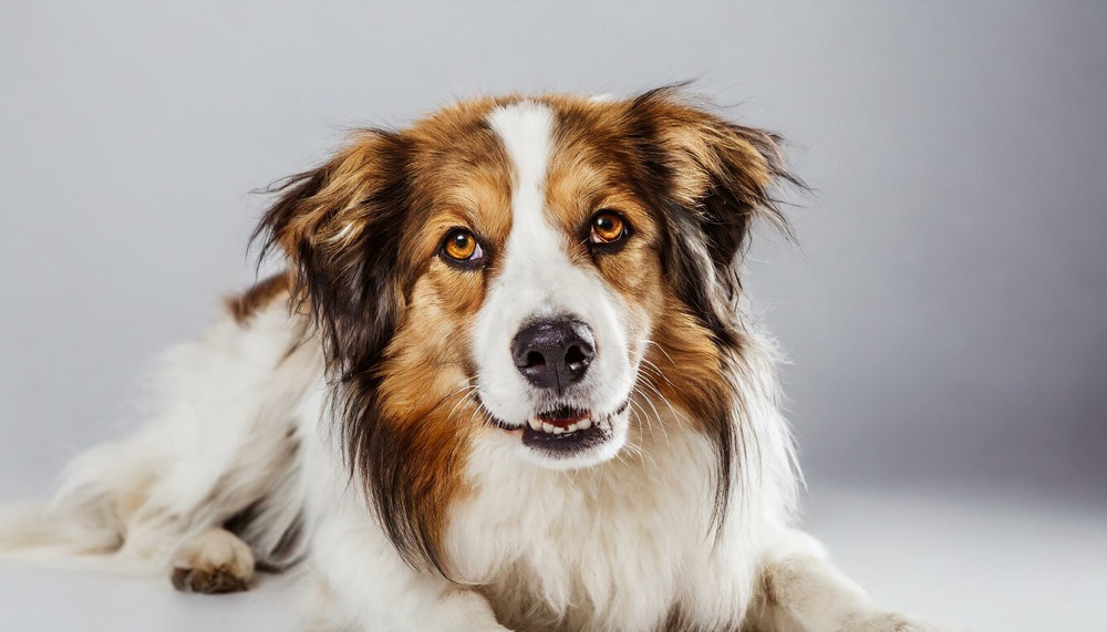Tornjak lying down, alert and relaxed