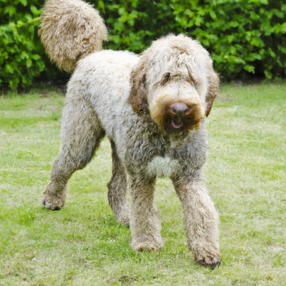 Shaggy dog resting on grass in shade