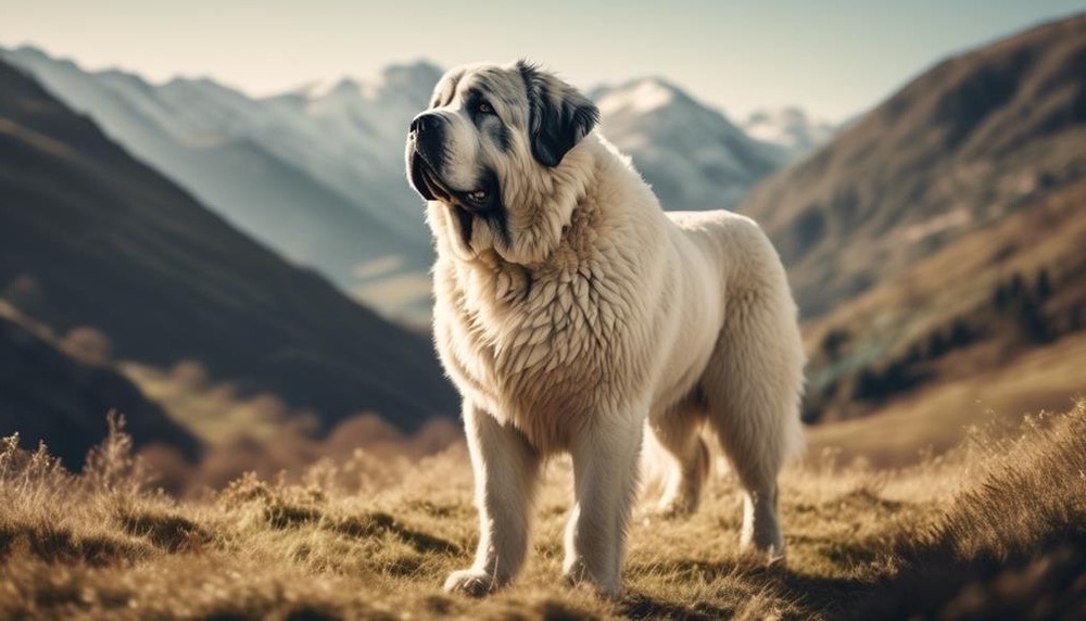 Pyrenean Mastiff lying down outdoors