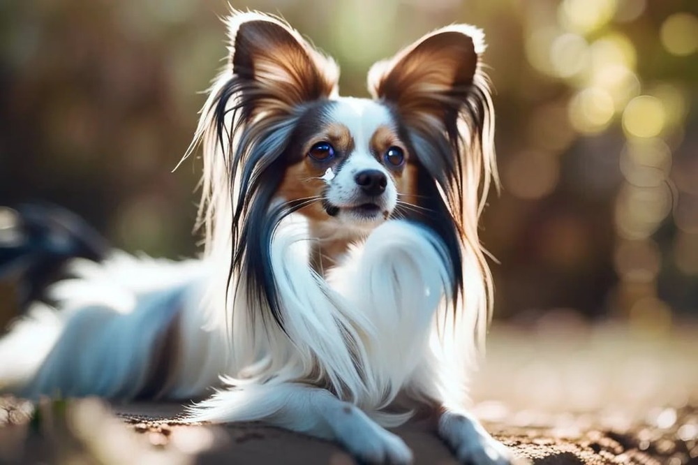 Papillon looking attentive indoors